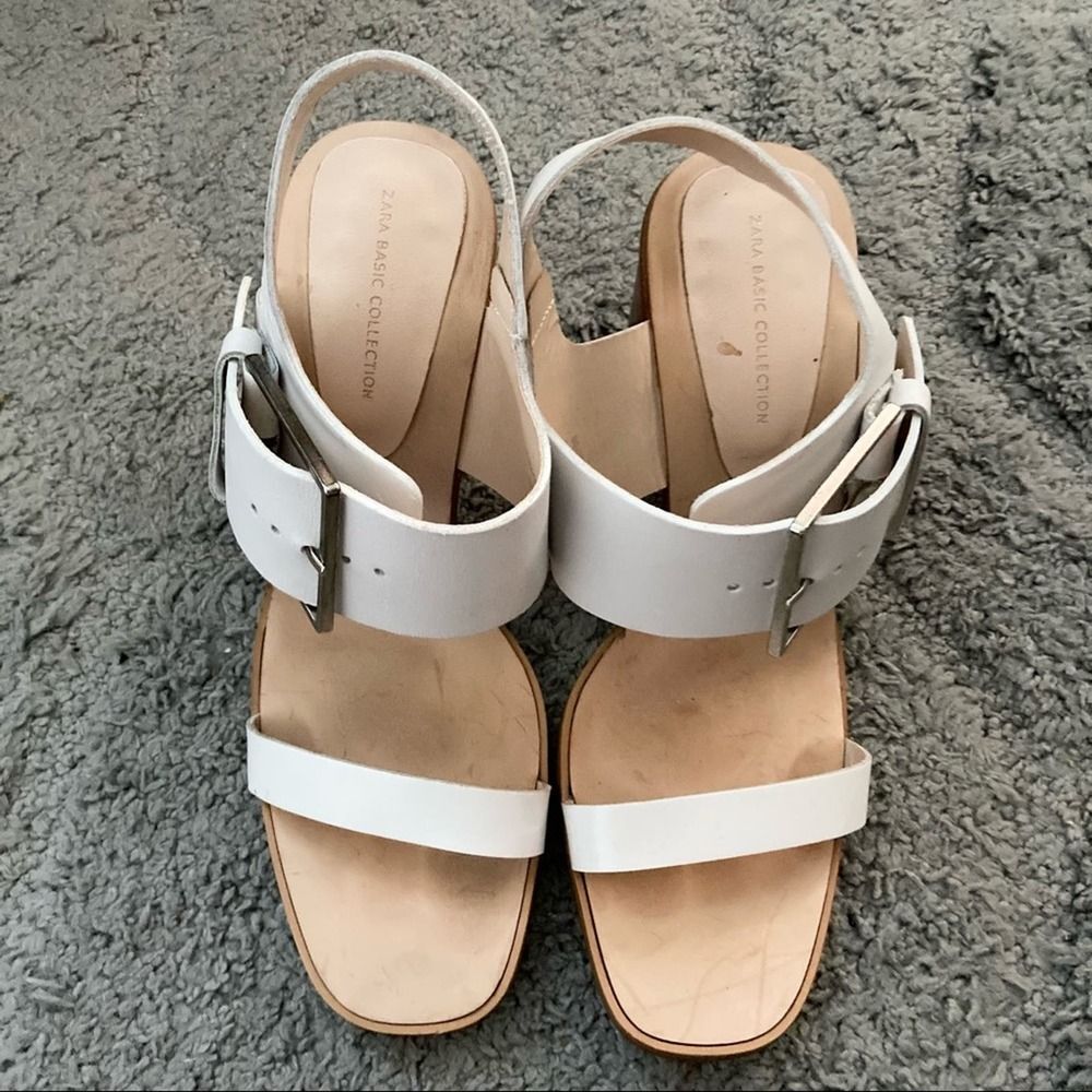 Zara White Leather Block Heel Sandals
